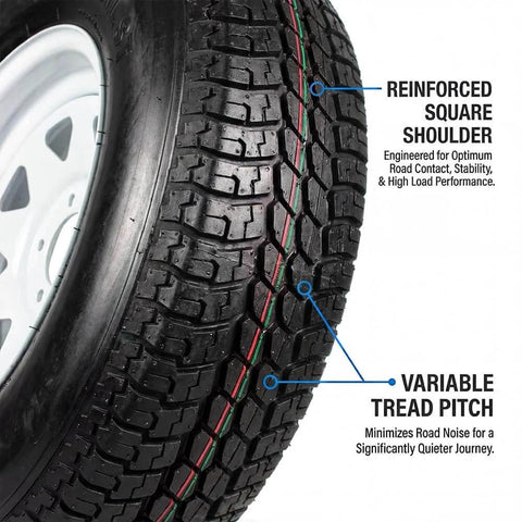 Close-up of Two Pack 15 Inch Trailer Tire And Rim Set ST20575D15 Load Range C With Five Lug Four Point Five Inch Bolt Pattern