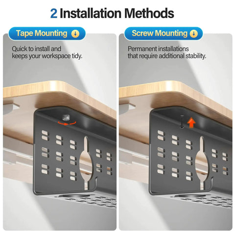 Illustration of installation methods for 2 Pack Under Desk Cable Management Tray Black Large 16x5x6 Inch Alloy Steel Cord Hider Organizer