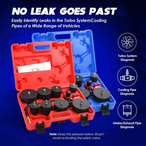 Turbo System Leakage Tester Kit for Turbocharger Boost Lines 10-piece set with adapters in red carrying case