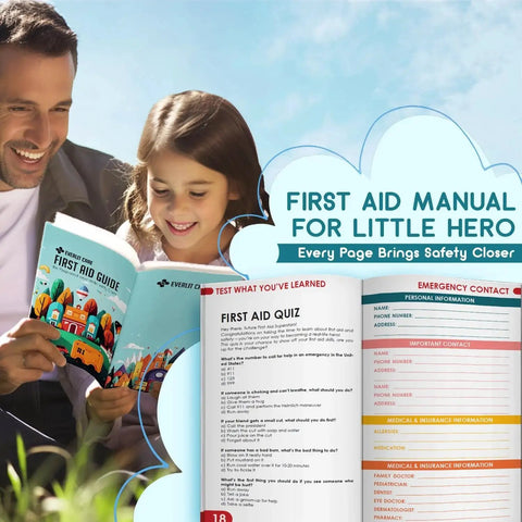 Father and daughter reading a first aid manual from Rescue Pack Family First Aid Kit With 200 Piece Medical Supplies