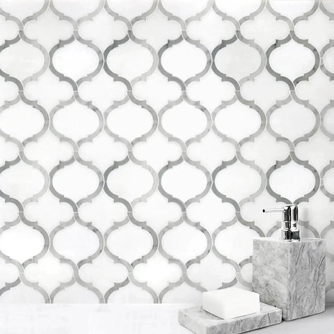 Marrakesh Lantern Marble Mosaic Tile In Carrara White And Thassos White Waterjet Cut 9x10 Inch Polished Backsplash Tile