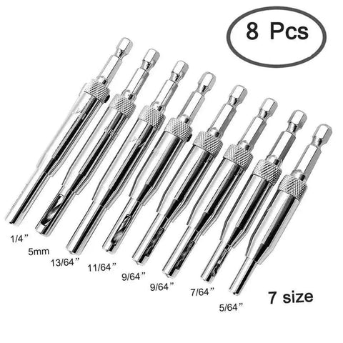 Eight Piece Center Drill Bit Set For Woodworking And Cabinet Doors, Self Centering Hinge Tapper Core Hole Puncher, various sizes shown