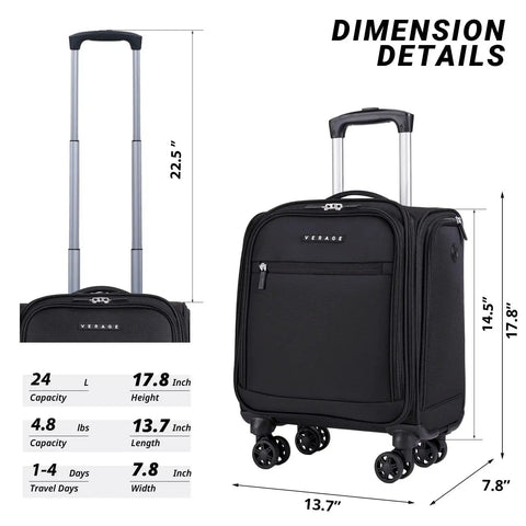 Underseat Carry On Luggage With Wheels Softside Lightweight Travel Bag 14.5 Inch Spinner in black, dimension details shown.