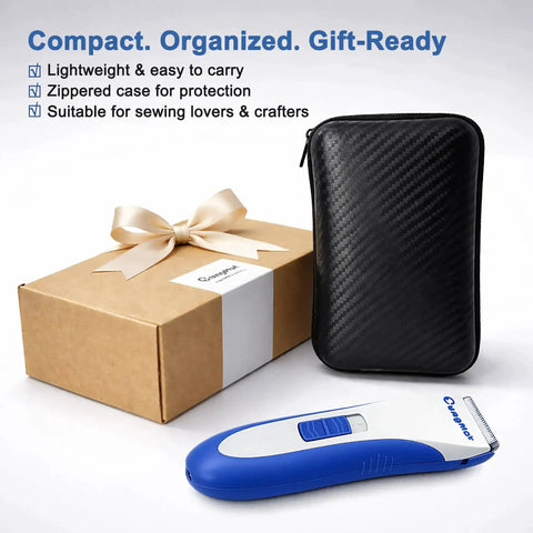 Electric Seam Ripper Pro Kit With Storage Case And USB Charging, showing cordless machine and zippered case next to a gift box.