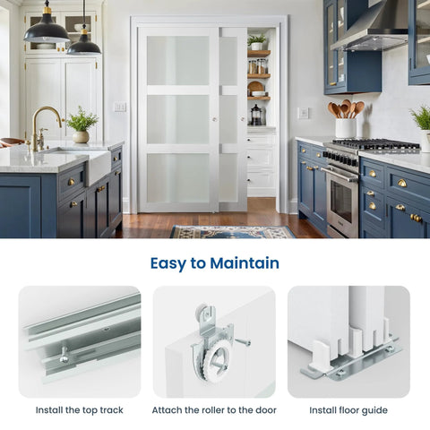 Sliding Closet Door Set For 72x80 Inch Openings, 3 Lite Frosted Glass MDF Barn Door With Hardware Kit installed in kitchen area