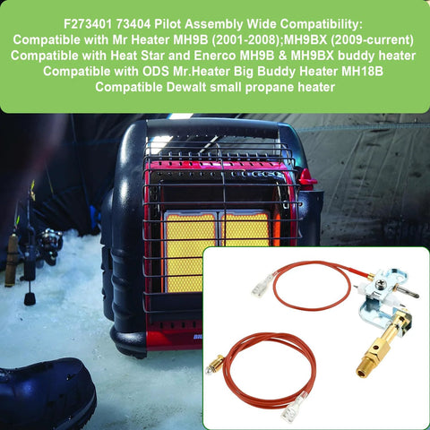 F273401 73404 pilot assembly kit for Mr Heater Portable Buddy MH9B/MH9BX; red propane hose with brass fittings.