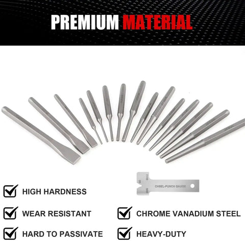 Pro Grade 16 Piece Punch And Chisel Set For Mechanic And Metalworking With Taper Punch Center Punches and Chisel Gauge