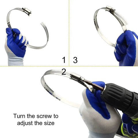Hands demonstrating use of 6 Pieces Adjustable 304 Stainless Steel Worm Gear Hose Clamps Set For Water Pipes And Ducting with screwdriver