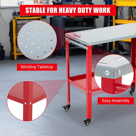 Movable Welding Table 36 By 18 Inch Heavy Duty Steel Workbench with fixture holes and casters, highlight on easy assembly