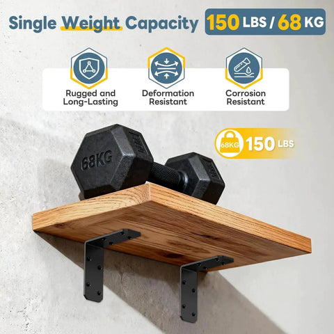 Beefy Heavy Duty 3x3x1.2 Inch L Bracket Set supporting a wooden shelf with a 68kg dumbbell, showcasing 150 lb weight capacity.