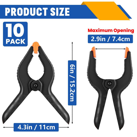 10-pack 6-inch black plastic spring clamps with orange tips for crafts, photography, and backdrops