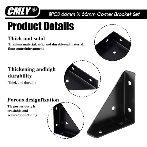 Black 8 Pack 66mm Triangle Shelf Brackets For Wood Metal And Cabinets with product details and close-up views.
