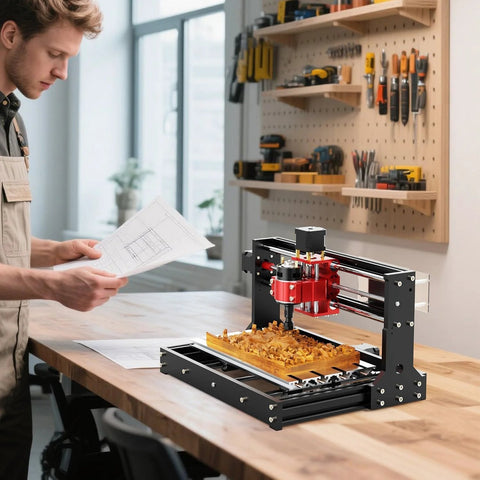 Upgraded Metal Z Axis Desktop CNC Router For Engraving And Milling, All Metal 3 Axis Machine on workbench with man reading diagram