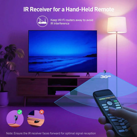 Infrared Remote Extender Cable Kit 6ft IR Repeater USB IR Blaster in action with remote aimed at TV for Blu Ray up to 15ft