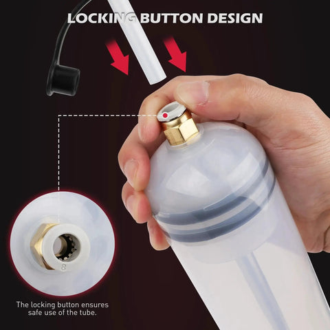 Close-up of hand holding 500cc Fluid Extractor and Oil Syringe with Leak Proof Dual Seal Pump, showing locking button design.