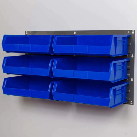 Heavy Duty Wall Mount Garage Storage Steel Louvered Panel For AkroBins Wall Storage Bins Hanging Organizer System 36 Inch Wide By 19 Inch High Gray Single with blue bins mounted.