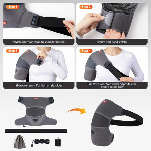 Installation steps for Shoulder Heating Pad Massager With Vibration Massage USB Powered Shoulder Wrap for pain relief.