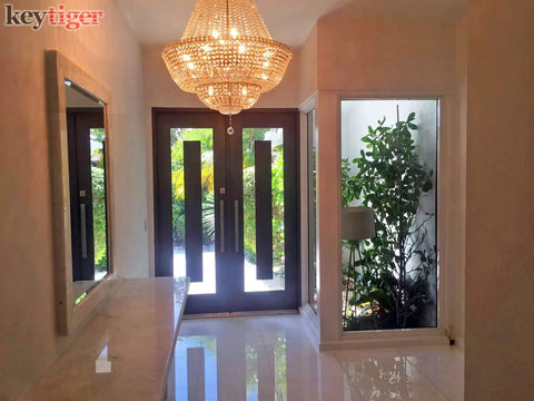 16 Inch Modern Stainless Steel Door Handle Pulls In Chrome Mirror Polish Finish for wood glass and metal double doors installed.