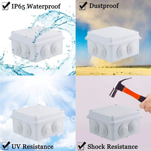 Four images of a Heavy Duty IP65 Weatherproof Junction Box ABS Plastic Electrical Enclosure, showing waterproof, dustproof, UV, and shock resistance.