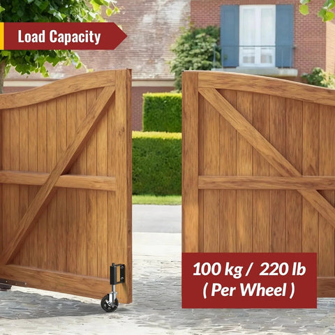 Heavy Duty Gate Caster With Spring Loaded Wheel attached to wooden gate, showcasing swivel gate wheel with 220 lbs capacity per caster.
