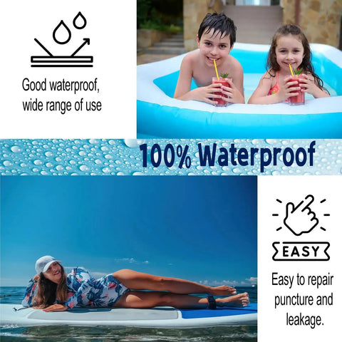 Children enjoying inflatable pool and TPU patch kit benefits, highlights of the Heavy-Duty Pool Patch Repair Kit For Inflatables With Peel-And-Stick TPU Vinyl Waterproof Patch Kit For Pool Liners Air Beds Bounce Houses Above Ground Pools Water Slides Easy DIY 12 Pack.