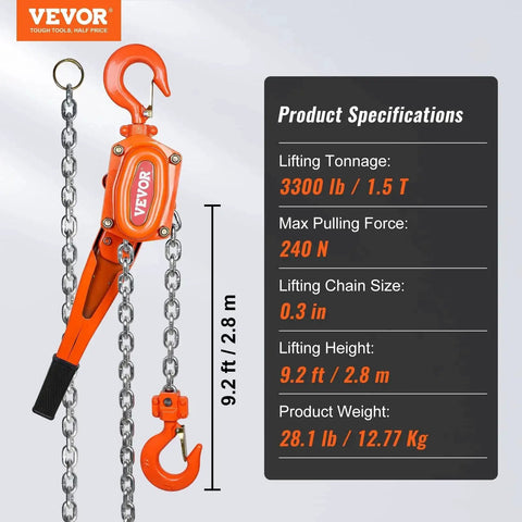 1.5 Ton Manual Lever Chain Hoist With Double-Pawl Brake 10 Ft Lift in orange, showing hooks and chain specifications.