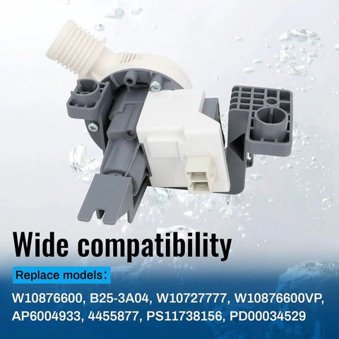 Washer drain pump assembly, angled front view with white housing and gray fittings.