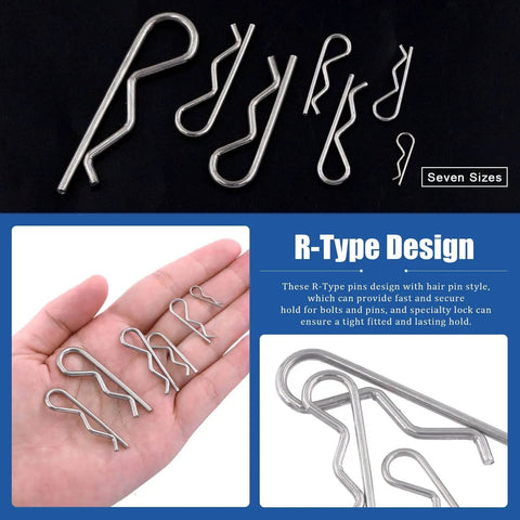 R Clip Cotter Pin Kit 110 Pcs In 304 Stainless Steel With 7 Sizes for automotive, featuring R-type design and variety of sizes.