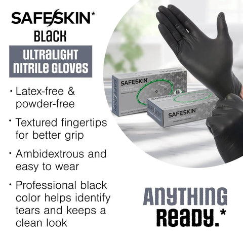 Ultralight Nitrile Gloves 2 Mil Black X-Large Powder Free Latex Free 100 Count package with hands wearing gloves
