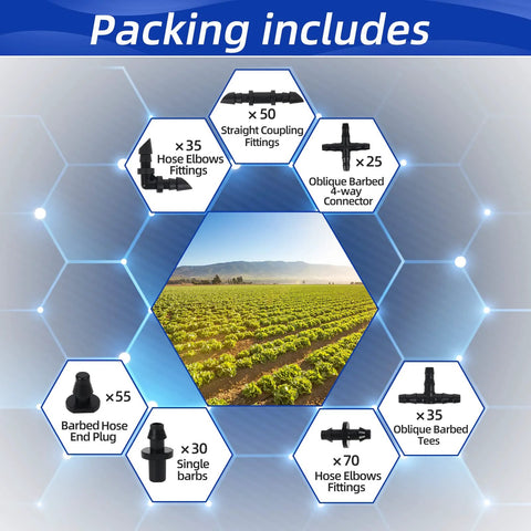 WISSXNA 300pcs barbed drip irrigation fittings kit for 1/4 inch tubing; includes straight couplings, elbows, tees, end plugs