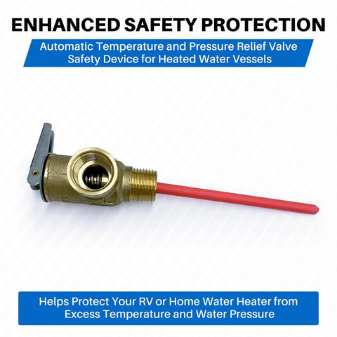 Brass 3/4 inch NPT temperature and pressure relief valve with extended probe and red tube for RV water heaters