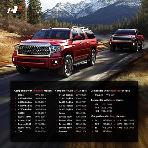Red SUVs driving on a mountain road, compatible with Chevrolet, GMC, Oldsmobile, Isuzu, and Saturn models listed below.