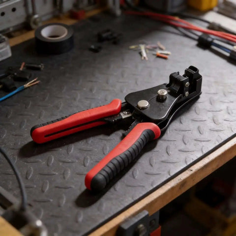 Multifunctional Wire Stripper Tool with Auto Adjusting Crimper and Cutter, red ergonomic non-slip handle, on workbench