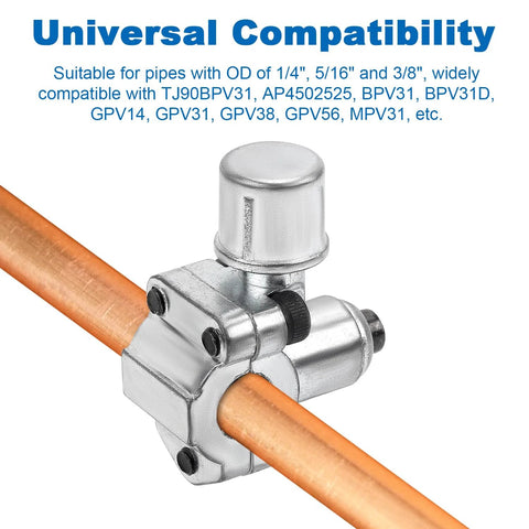 BPV-31 piercing valve mounted on orange copper refrigerator line; metal valve with cylindrical top knob.