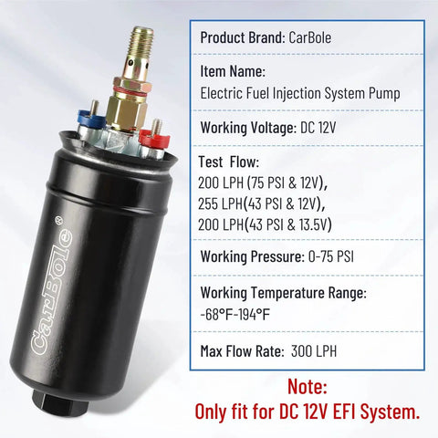 Universal 12V Inline Fuel Pump for EFI Systems, 300 LPH High Flow, Diesel and Gasoline Ready shown with specifications