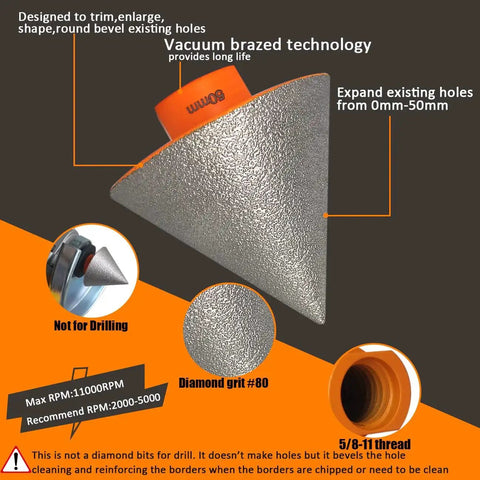 3 Piece Diamond Tile Beveling Bits Set Pro Grade Including 2 Inch Cone Chamfer Bit With 60 Degree Tip And 5/8-11 Thread Adapter