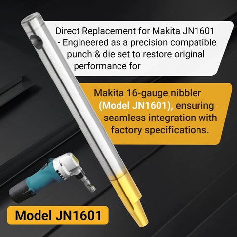 Steel punch and die from 3 Pc Direct Replacement Punch And Die Set For JN1601 Nibbler, shown with tool for sixteen gauge sheet metal.