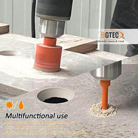 Diamond Core Drill Bit Kit For Tile And Porcelain, 8pc Go-To Triangle Shank Hole Saw Set in use on tile surface
