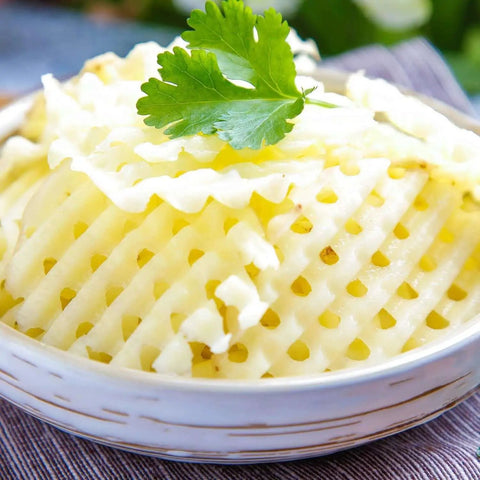 Crinkle-cut potato slices made using Two Pack Crinkle Cutters Stainless Steel Crinkle Chopper With Wave Blade Potato Slicer