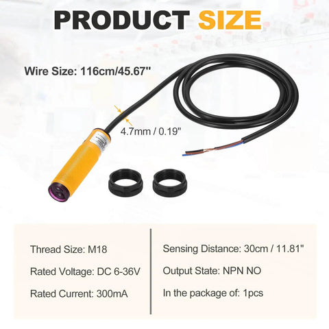 Industrial M18 Photoelectric Sensor With 30cm Diffuse Beam For Quick Setup, 6-36V DC, NPN NO Three-Line Proximity Switch