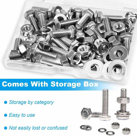 Beefy 20 Sets Heavy Duty Stainless Steel 1/4-20 X 2 Hex Head Screws Bolts Set With Nuts Flat Washers And Spring Lock Washers in box