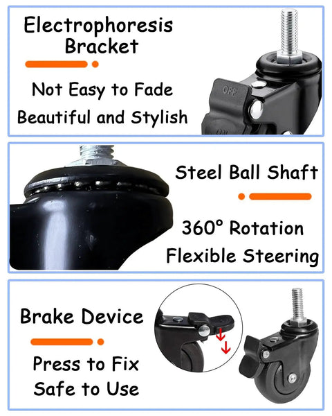 Close-up of 1 Inch Mini Swivel Caster Wheels Set With M6x15mm Threaded Stem Silent TPE Rubber Brake Rollers, highlighting features.