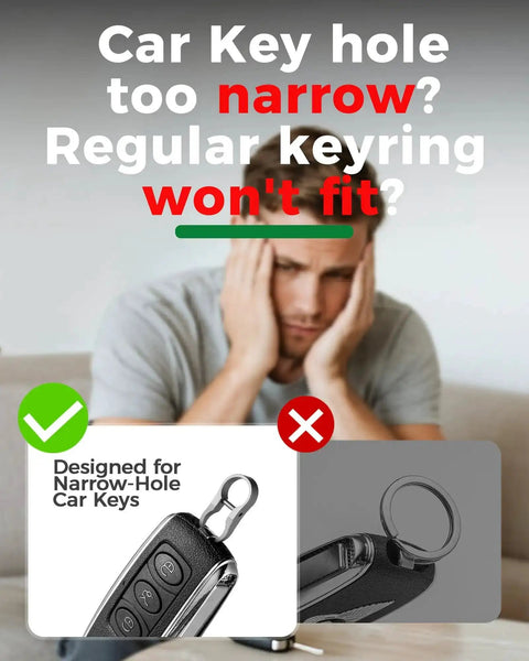 Man frustrated with regular keyring, Titanium Alloy Car Key Chain Ring With Mini Key Shackle And Small Screwdriver For Narrow Hole Car Keys shown.