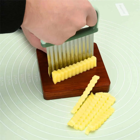 Person using Versatile Vegetable Chopper With Wavy Crinkle Cutter For Veggies And Fries, Stainless Steel Blade Turns Ordinary Fries Into Crinkle Fries