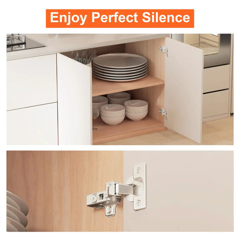 Frameless Soft Close Cabinet Hinges For Inset Kitchen Cabinets 105 Degree Clip On Plate Adjustable Concealed European Door Hinges Nickel Plated Finish 2 Pack With Screws And No Fuss Easy Install Guide installed in open cabinet with dishes and bowls visible.