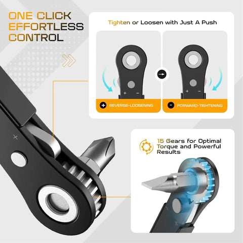90 Degree Offset Right Angle Screwdriver With Ratcheting Mechanism Handy Pocket Size Mini Low Profile showing ratchet and gear detail