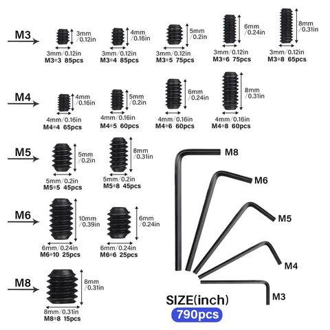 Close-up of Massive 1305 Piece Metric And SAE Set Screw Kit with headless screws, showing M3 to M8 sizes and hex wrenches.