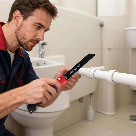 Man using Five In One Folding Hand Saw for drywall and more with quick change blades, cutting PVC pipe in bathroom