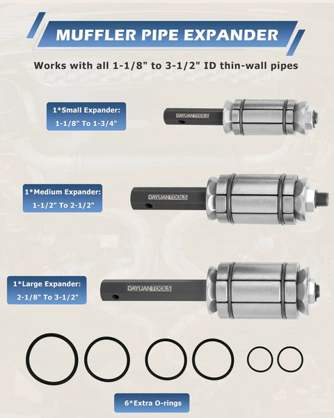 Exhaust Pipe Expander Tool Set 3 Pcs 1-1/8 To 3-1/2 Universal Tail Pipe Spreader with O-rings displayed.
