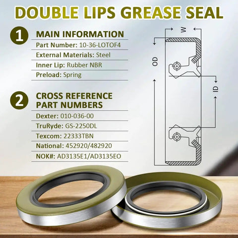 4 Pack 010 036 00 Double Lip Grease Seal For Dexter Texcom RV Trailer Bearings Replaces 01003600 10 36 22333TB ID 2.25 Inch By 3.376 Inch Hub Seal For 5200 7000 Lb Trailer Axles D42 SAQXK Built To Seal Tight with specifications and two seals shown.